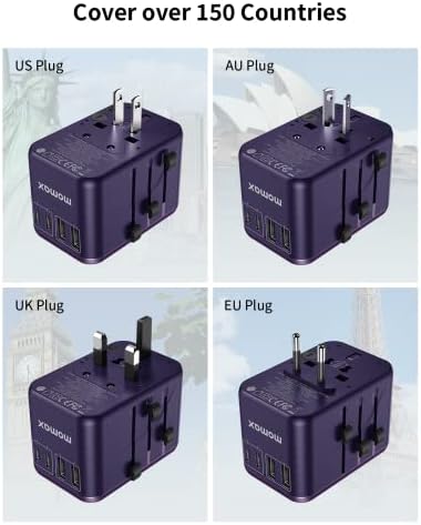 MOMAX Univerzális Úti Adapter 65W GaN Utazási Csatlakozó Adapter UK/EU/AU/MINKET Dugók, 3USB-C PD & 2USB-EGY QC, Mágneses Vezeték
