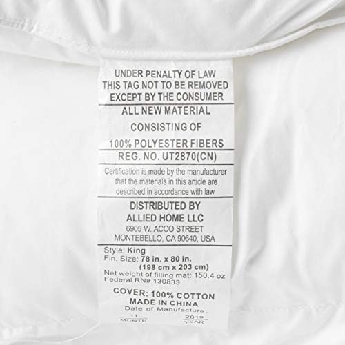 A Szövetséges Essentials Antiallergén Le Alternatív Kényelem Rost Matrac Ágy Topper, Fehér, Kalifornia Királya