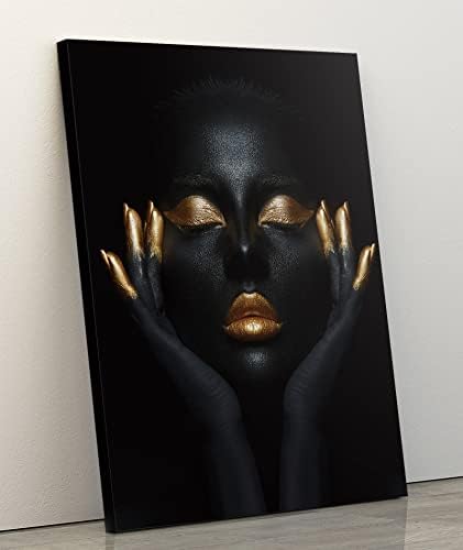 A Wall Art Vászon Festmény Kerettel (11.5×15 inch), Fekete-Arany Divat Fekete Nő, Portré, Grafika, Afro-Amerikai Wall Art Modern Fali
