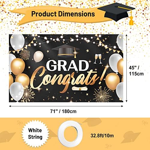 Congrats Grad Banner Fekete-Arany Diploma Háttér Dekoráció 71x45 Gratulálok Végzős Osztály 2023 Háttér Fotó Ünnepség, Bál, Fedett