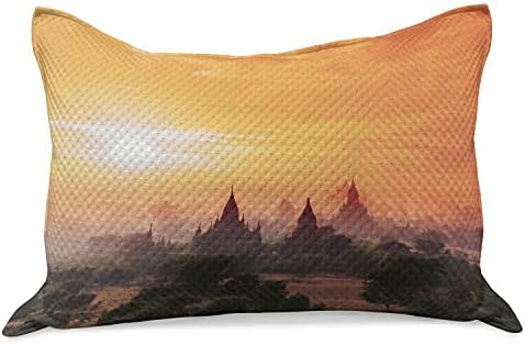Lunarable Keleti Kötött Paplan Pillowcover, Mianmar Bagan Történelmi Helyszínen, a Naplemente pedig Épület Panoráma Nyomtatás, Standard