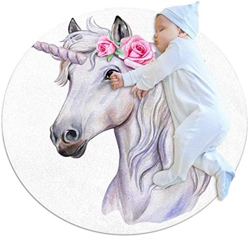 Kerek Szőnyeg, Egyszarvú Ló Virágos Rózsa 31.5x31.5 Gyerekszoba Szőnyeg Hálószoba Játszószoba Csecsemő Kisgyermekek Csúszásmentes