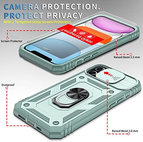pompvla iPhone 11-Ügyben[Nem 11Pro] a 2Tempered Üveg Képernyő Védő,Beépített 360° - os Mágneses Állvány Gyűrű &Kamera Fedél