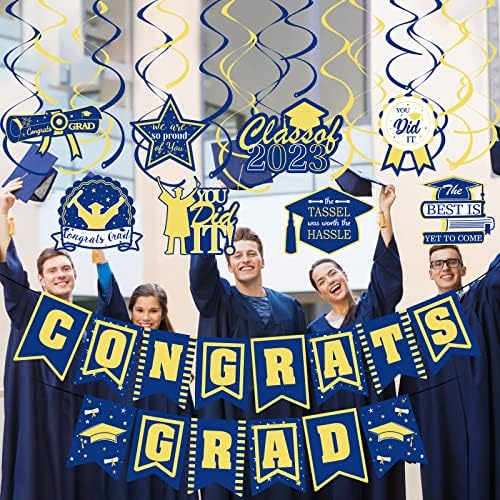 Kék-Sárga Congrats Grad Banner pedig 2023 Érettségi Lóg Kavarog, Congrats Grad Tábla Dekoráció Gratulálok Diplomás Banner a Kék Sárga