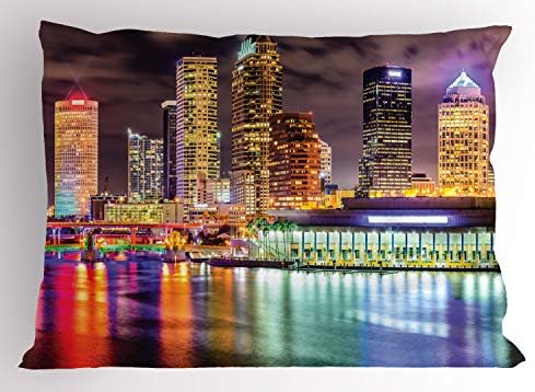 Ambesonne Város párnahuzatot, a Belvárosban Tampa, Florida Sziluett a Hillsborough Folyó Festői Úti Cél, Dekoratív Szabványos Méretű Nyomtatott
