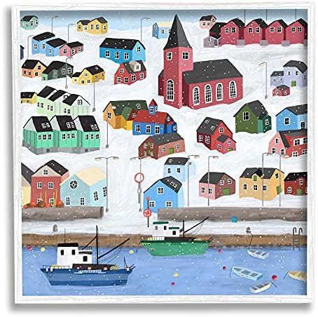 Stupell Iparágak Grönland Téli Kikötő Városkép Havas Táj által Tervezett Carla Daly Fehér Keretes Wall Art, 24 x 24