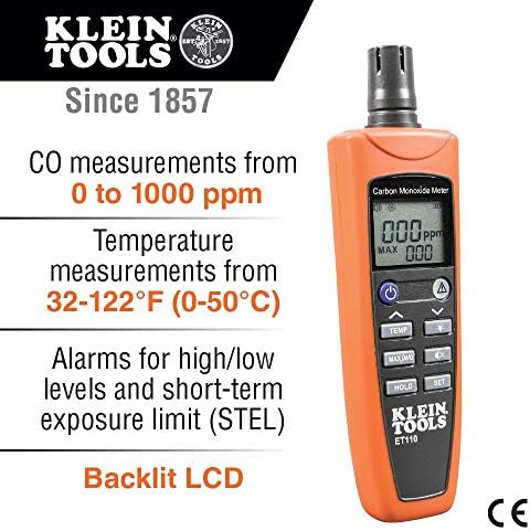 Klein Eszközök ET110 CO-Mérő, Szén-Monoxid-Teszter, valamint Érzékelő Expozíciós Határérték Riasztás, 4 x AAA Elem and Carry Hordtáska Mellékelve