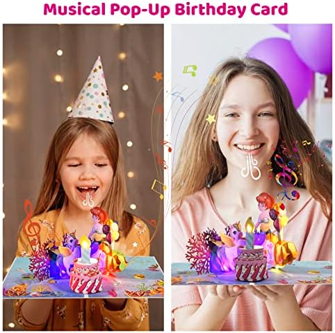 Zenei Szülinapi Kártyát Színes Fény & Blowable Gyertya,3D felugró Születésnapi Kártyákat Hableány Egyszarvú a Boldog - Dal, Fújd