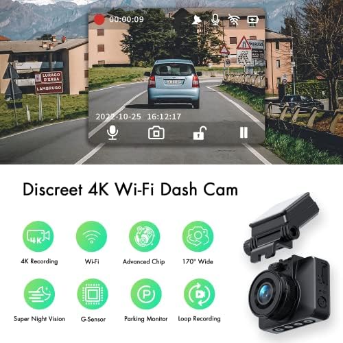 A 4K Kamera Beépített Wi-Fi UHD2160P Diszkrét Autó Műszerfal Kamera Felvevő 24 Órás Parkolás Monitor, Szuper éjjellátó, Loop Felvétel, 170°