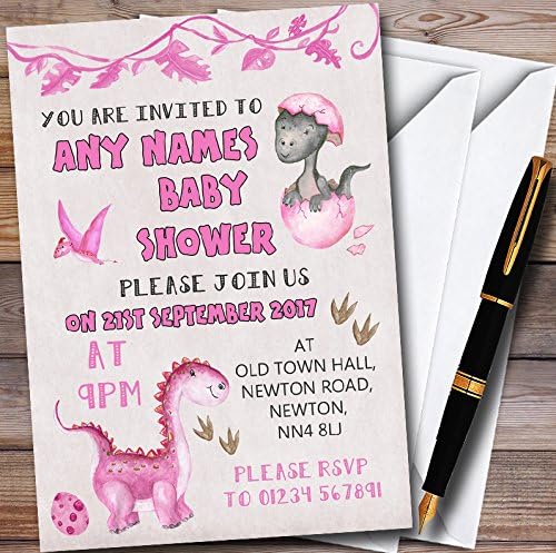 Akvarell Rózsaszín Dinoszaurusz Lány Személyre Szabott Baba Zuhany Meghívók