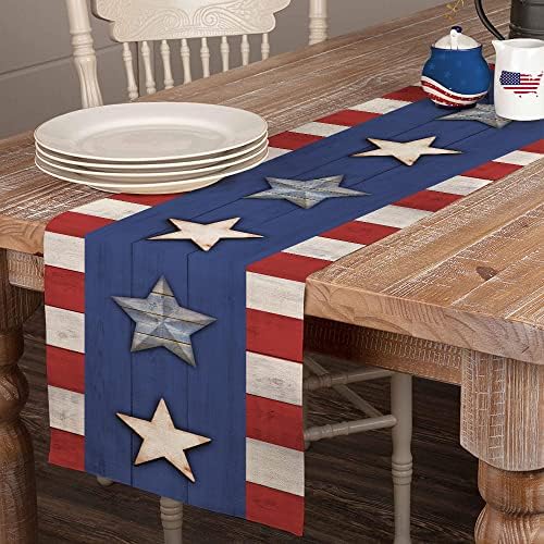 Július 4. Dekoráció, asztali futó 13x72 Hüvelyk Memorial Day Amerikai Zászló Stars and Stripes Hazafias Amerikai Szabadság, Szabadság,