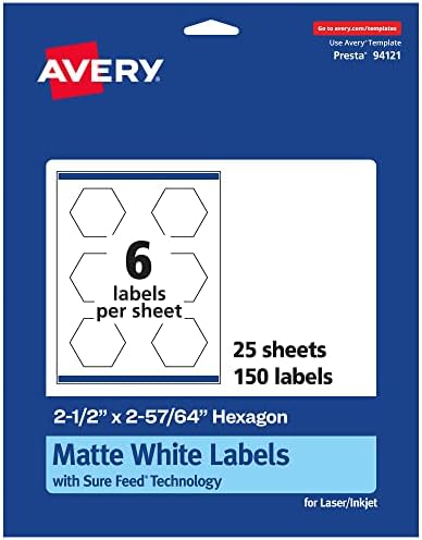Avery Matt Fehér Hatszög Címkéket Biztos, Takarmány, 2.5 x 2-57/64, 150 Fehér Címkék, Nyomtatás-A-Edge, Állandó Címke Öntapadó,