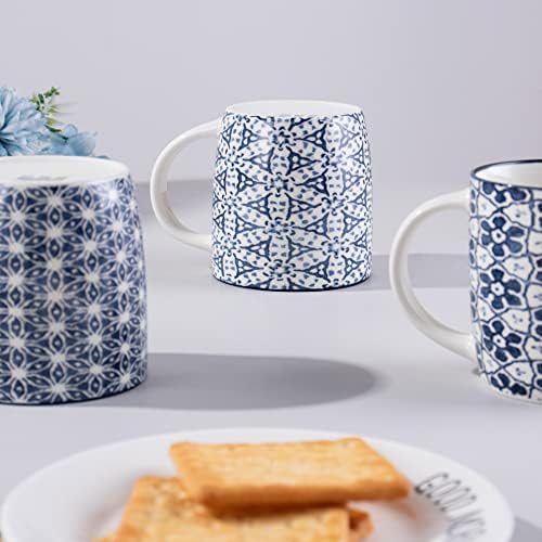Készlet 4 12 oz kávéscsészék Kék-Fehér Geometrikus Mintákat, Kerámia Csésze Tea Set, Ajándék Barátokkal (1)