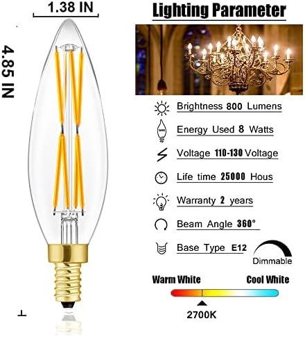 E12 Edison Gyertyatartót LED Izzó,100 watt Egyenértékű Gyertyatartót Szabályozható Csillár Izzók 8W 2700K Meleg Fehér Világos,
