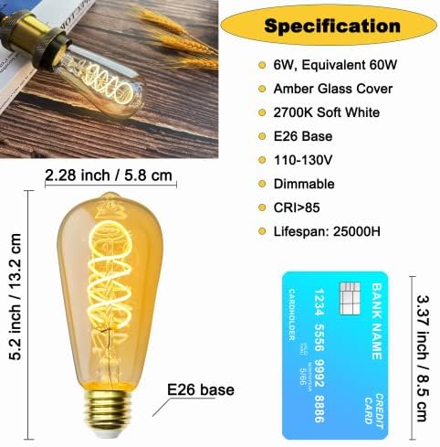 Lafoy Edison Izzók 60 wattos LED Spirál Végtelen Amber Üveg, Régi Izzók Szabályozható Puha, Fehér 2700K, ST58 Antik LED