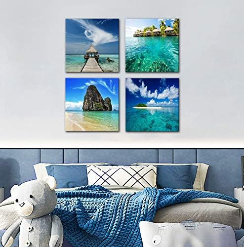 Kék Teal Természetes Tengerparti Táj Wall Art Képek, 4 Panelek Strand Álmodtam Hely Tengerparti Fali Dekor, Sziget Seascape Vászon