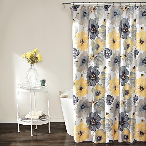 Buja Dekoráció Leah zuhanyfüggöny-Fürdőszoba Virág, Virágos Nagy Virágzik Szövet Print Design, 72 x 72, Sárga, Szürke