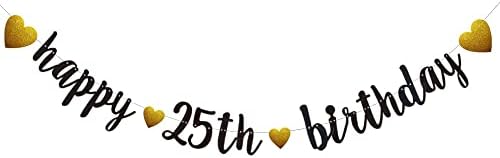 Boldog 25 éves Banner, Előre Felfűzve,Fekete Csillogó Papír Füzér a 25. Születésnapi Party Dekorációk, Kellékek Nem Összeszerelés Szükséges,Fekete,SUNbetterland