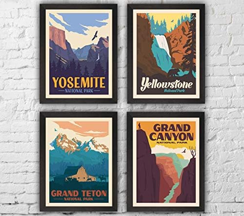 HerZii Nyomatok Nemzeti Park Plakátok & Ujjlenyomat - Készlet 4 Vintage Nemzeti Parkok Poszter | Természet Wall Art Dekor | Hegy Utazási