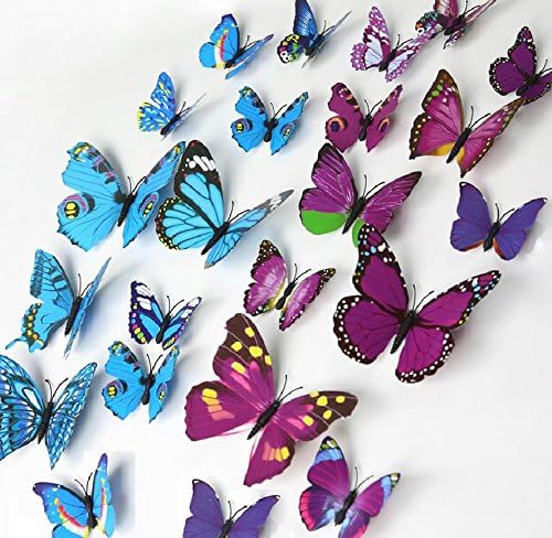 ElecMotive 12 Lila + 12 Kék 3D Pillangó Matricák lakberendezési DIY Cserélhető Élénk Ember alkotta Élénk DIY Dekor, Fali Matricák