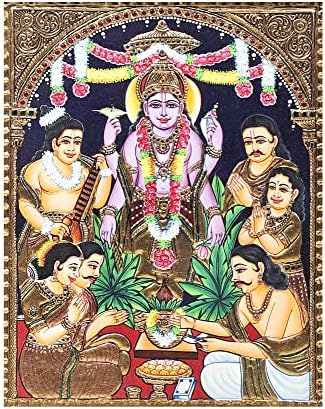 Egzotikus India 15 x 18 Úr Visnu Tanjore Festmény | Hagyományos Színek, 24 karátos Arany | Tíkfa Keret | Arany &