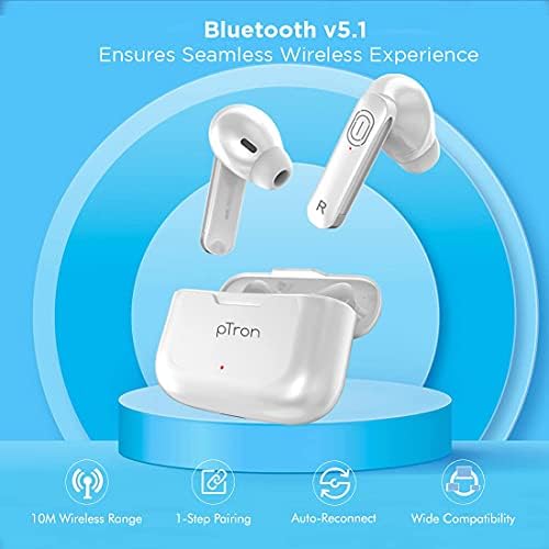 pTron Bassbuds Duo in Ear Fülhallgató a 32Hrs Teljes Játékidő, Bluetooth 5.1 Vezeték nélküli Sztereó Audió, Touch Control TWS, Mikrofon,