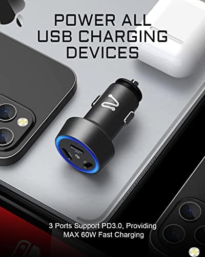 USB-C Autós Töltő, Aergiatech 60W(20W Minden) PD 3.0 Gyors Autós Töltő Adapter 3-Port, C Típusú Autós Töltő Kompatibilis az iPhone