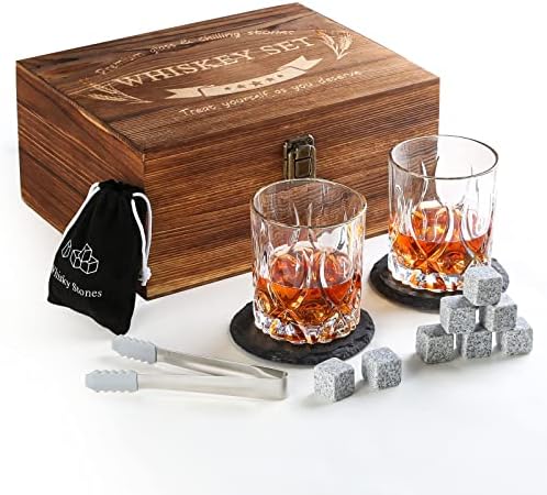Whiskey Ajándékok Férfiaknak, 10oz Whiskey Szemüveg Készlet 2 Egyedülálló Fából készült Doboz 8 Hűtés Whiskey Kövek Vágású Bourbon