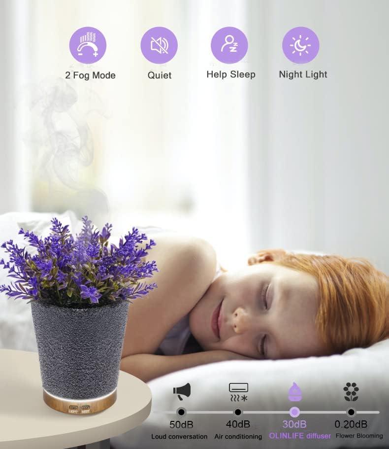 OLINLIFE Levendula illóolaj Diffúzor, Esztétikai Növény, Cserepes Hideg Köd Párásító, Szuper Csendes & 7 Színek LED Aromaterápiás