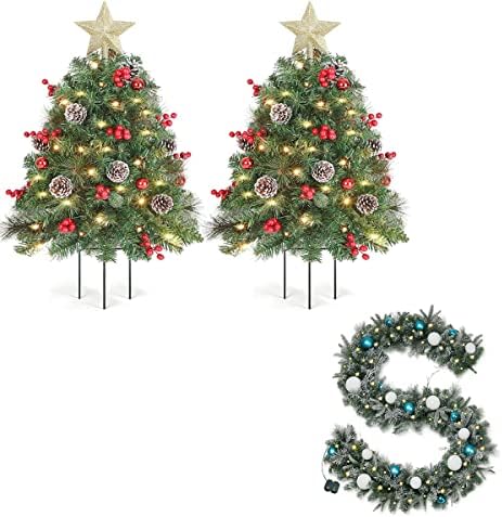 OasisCraft 33inch Út karácsonyfa, Előre Világít Mesterséges Kívül karácsonyfa Készlet 2 & Snow Özönlöttek Karácsonyi Koszorú 9 FT, Előre