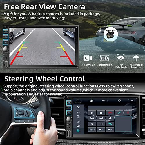 Dupla Din autórádió, Bluetooth Apple Carplay & Android Auto, 7 Hüvelykes érintőképernyő, Autó Hifi-Biztonsági Kamera,hangvezérlés, Tükör