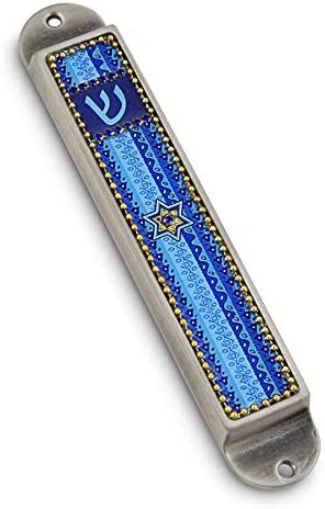 AJDesign Iris Gyűjtemény Kézműves Ón & Zománc Gyöngyös Színes Mezuzah Esetben (Kék - Dávid-Csillag)