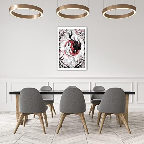 LEWSGDIYE Yin Yang Koi Hal Fali Dekoráció Fekete-Fehér Halak Piros Cseresznye Virágok Art Print Fürdőszoba Szobás Parasztház Keretes 12