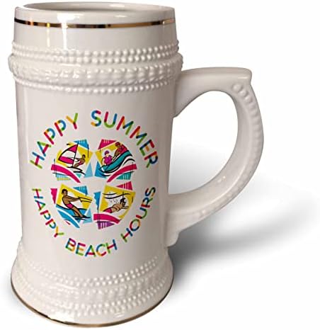 3dRose Boldog nyár, boldog strand óra színes nyári vízi sportok. - 22oz Stein Bögre (stn-364199-1)