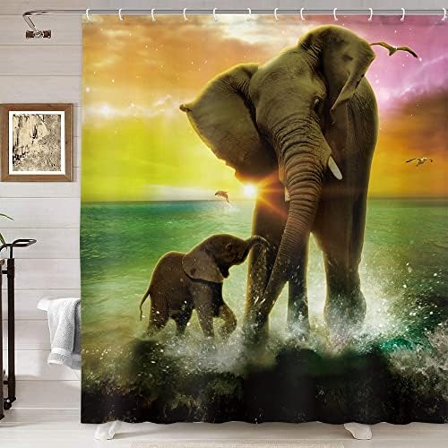 DYNH Elefántos zuhanyfüggönyt, Afrikai Elefánt, Baba Játék-Óceán Napkeltekor Állat Téma Zuhanyzó Függöny, Safari Művészeti