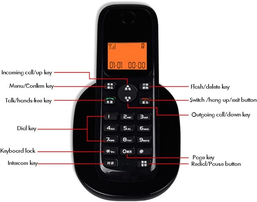 SDFGH 1 Készülék Vezeték nélküli Telefon Üzenetrögzítő Rendszer, Hívófél-AZONOSÍTÓ, Narancssárga Háttérvilágítású LCD, Világító Gombok