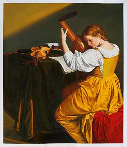 A Lant Játékos - veszi azonban észre, Gentileschi, kézzel festett olaj festmény reprodukció, kecses zenész portré éles arany a ruha,