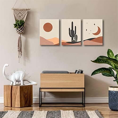 Bohém Wall Art Sivatagban Ujjlenyomat - Bohém Képek Nap, Hold, Csillagok, Festmények, Keretes Absztrakt 3 Db Kaktusz Táj Mű