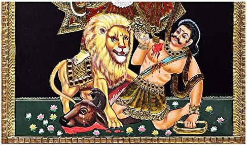Egzotikus India 21 x 27 Mahishasura-Mardini Tíz-fegyveres Durga Tanjore Festmény | Hagyományos Színek, 24 karátos Arany |