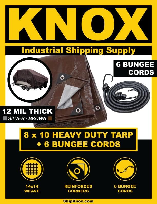 Knox Márka - 12 Millió Műanyag Ponyva, nagy teherbírású, Ezüst/Barna, Bungees Tartalmazza, Megerősített Sarkok, Aluminim Osztású,