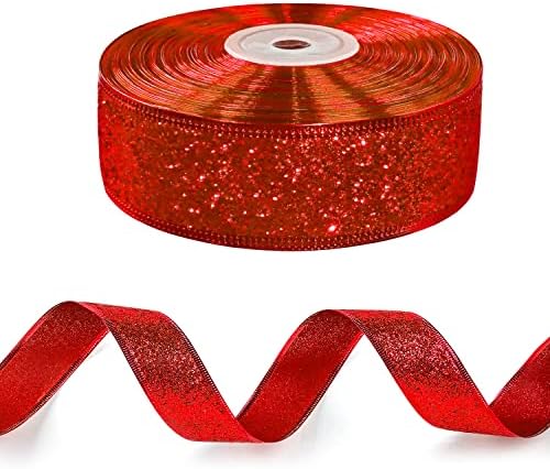 LaRibbons Csillogó Vezetékes Karácsonyi Ünnep Szalag - 1.5 Inch x 25 Yardos Piros Szalaggal lakberendezés, Ajándék Csomagolás, DIY Kézműves