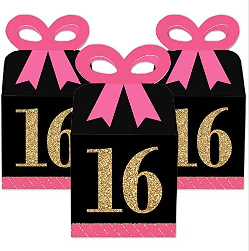 Nagy Dot a Boldogság Elegáns 16. Születésnap - Rózsaszín, Fekete-Arany - Tér Szívességet Ajándék Dobozok - Szülinapi Buli Íj Doboz - 12