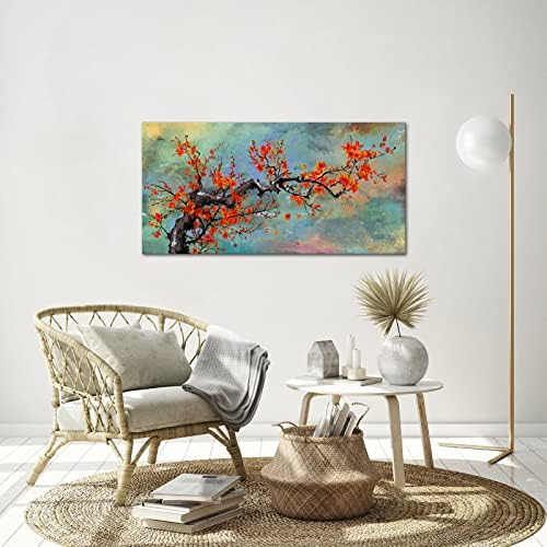 YeiLnm Vörös Szilva Virág Vászon Wall Art Hagyományos Absztrakt Virágos Festmény Kép Színes Fa Ága Mű Nappali, Hálószoba falfestés