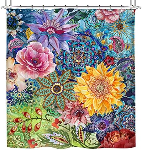 Riyidecor Mandala Bohém Fényes Virágos zuhanyfüggöny Bohém Díszes Medál 72Wx72H Hüvelyk Egyedi, Színes, Gyönyörű Retro Paisley Akvarell