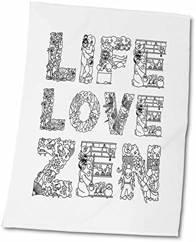 3dRose Élet, a Szerelem, a Zen gyönyörű tipográfia szöveg, fekete, fehér, Törölköző (twl-271657-3)