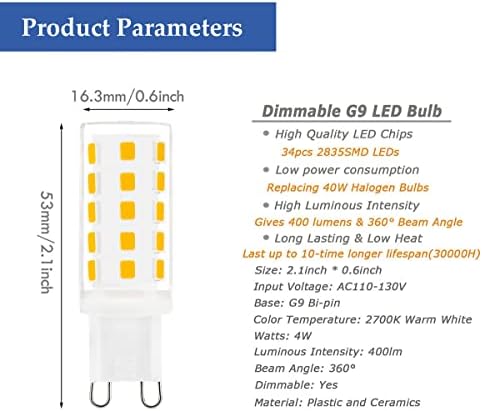 8-Pack Szabályozható G9 LED Izzó, 4W, 40W T4 Halogén Egyenértékű, 2700K Meleg Fehér, 120V, G9 Bi-Pin-Bázis Csillár Izzó 400LM (Csomag