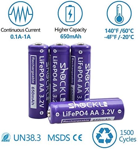 4 Pack - Shockli AA Méretű LiFePo4 650mAh Elem, AA 3.2 V Solar Akkumulátorok - Ideális a Napelemes Kerti Lámpa