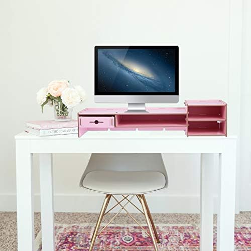NUOBESTY Monitor Állvány Tároló, PC-Állvány Monitor Kelő, Laptop Állvány Fiókos Íróasztal Szervező Asztali Tároló Szekrény Fa - Rózsaszín