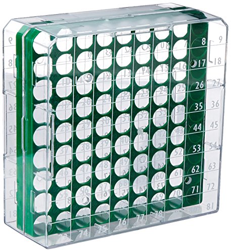 Globe Tudományos BioBox 3040G Polikarbonát Tároló Doboz, Átlátszó Fedél 1mL pedig 2mL Csövek, Tartja 81 Üveg, Zöld (Csomag 5)