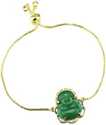 SZÍNES BLING Természetes Jade Kő Nevető Buddha Link Karkötő Medál 18K Aranyozott Cirkónia Kristály Állítható Szerencsés Drágakő Amulett